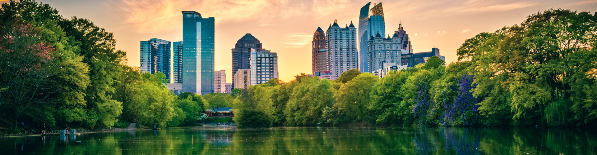 A body of water with trees and buildings in the background.