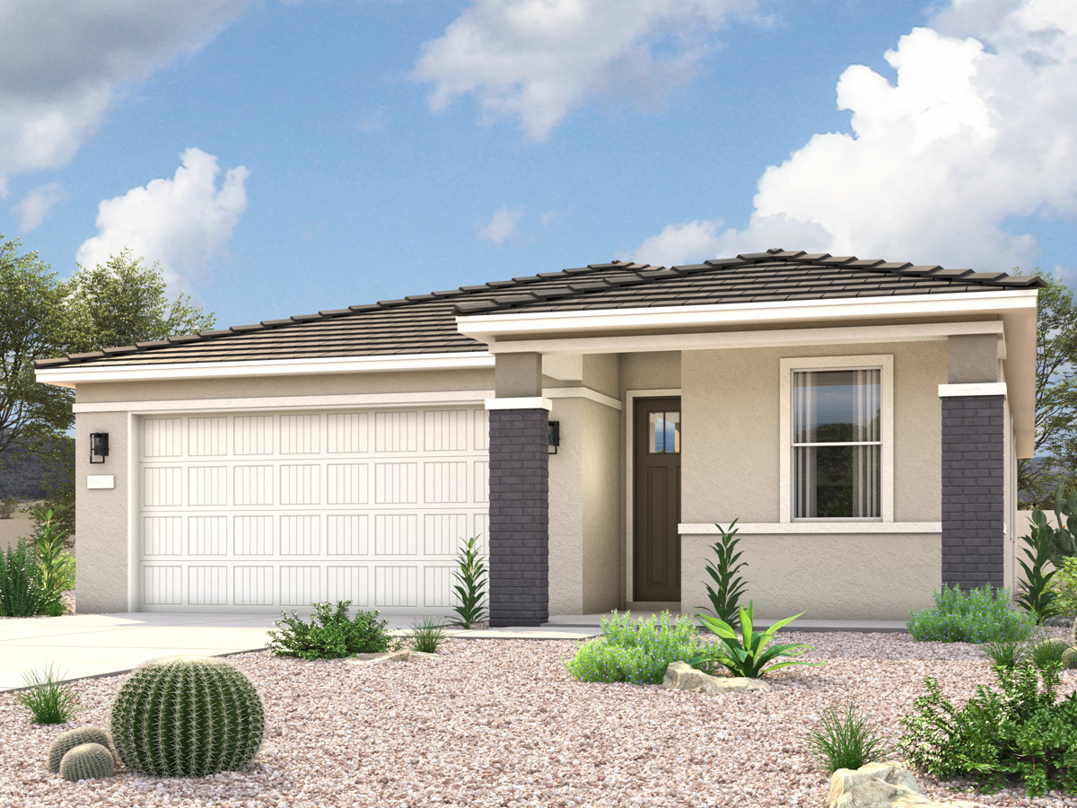 Rendering of front of new home for sale in San Tan, AZ with 2 car garage in the beautiful Skyline Village community with pool.