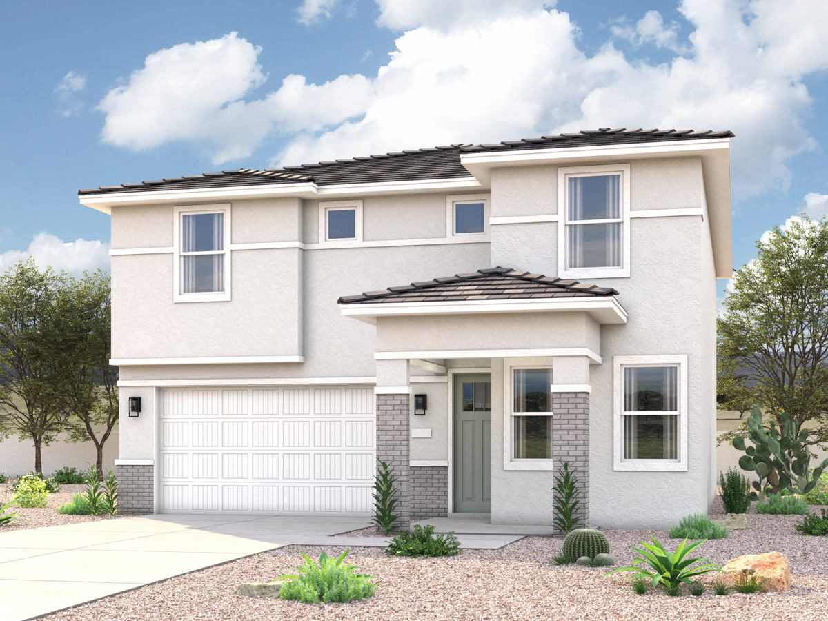 Rendering of front of new home for sale in San Tan, AZ with 2 car garage in the beautiful Skyline Village community with pool.