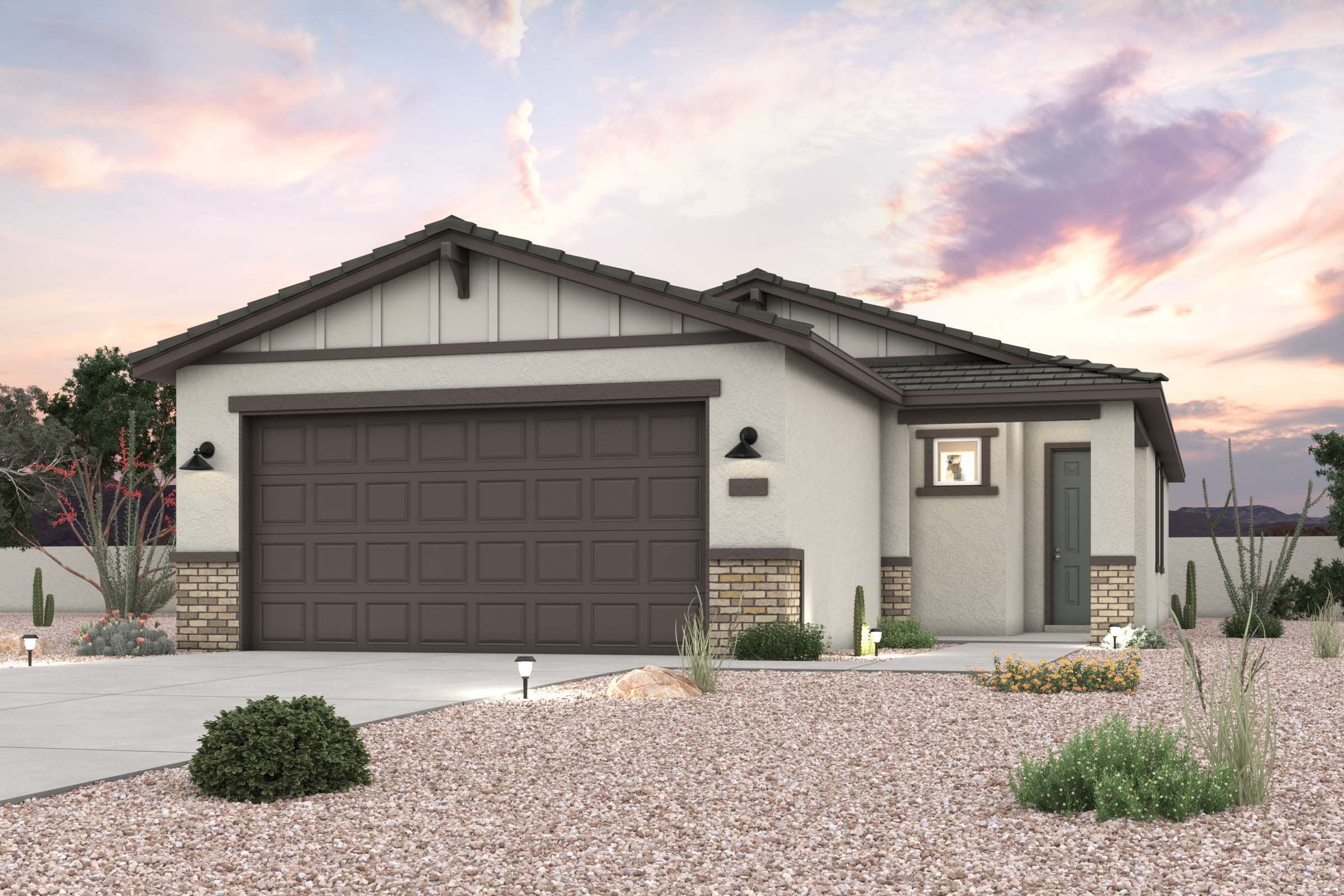 Twilight rendering of front of new home for sale in San Tan Valley, AZ at Skyline Village the Highlands Collection by Century Communities with 2 car garage.