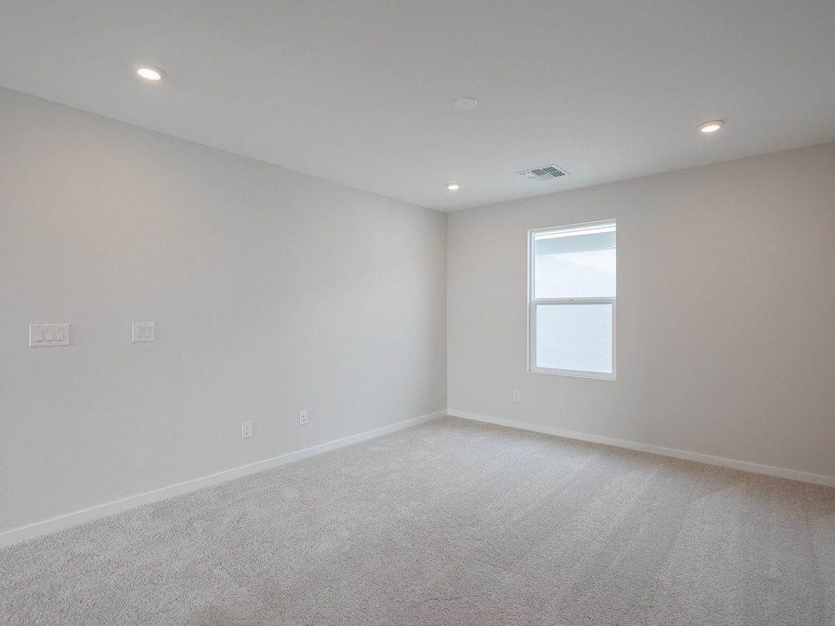 A room with a carpet and windows.