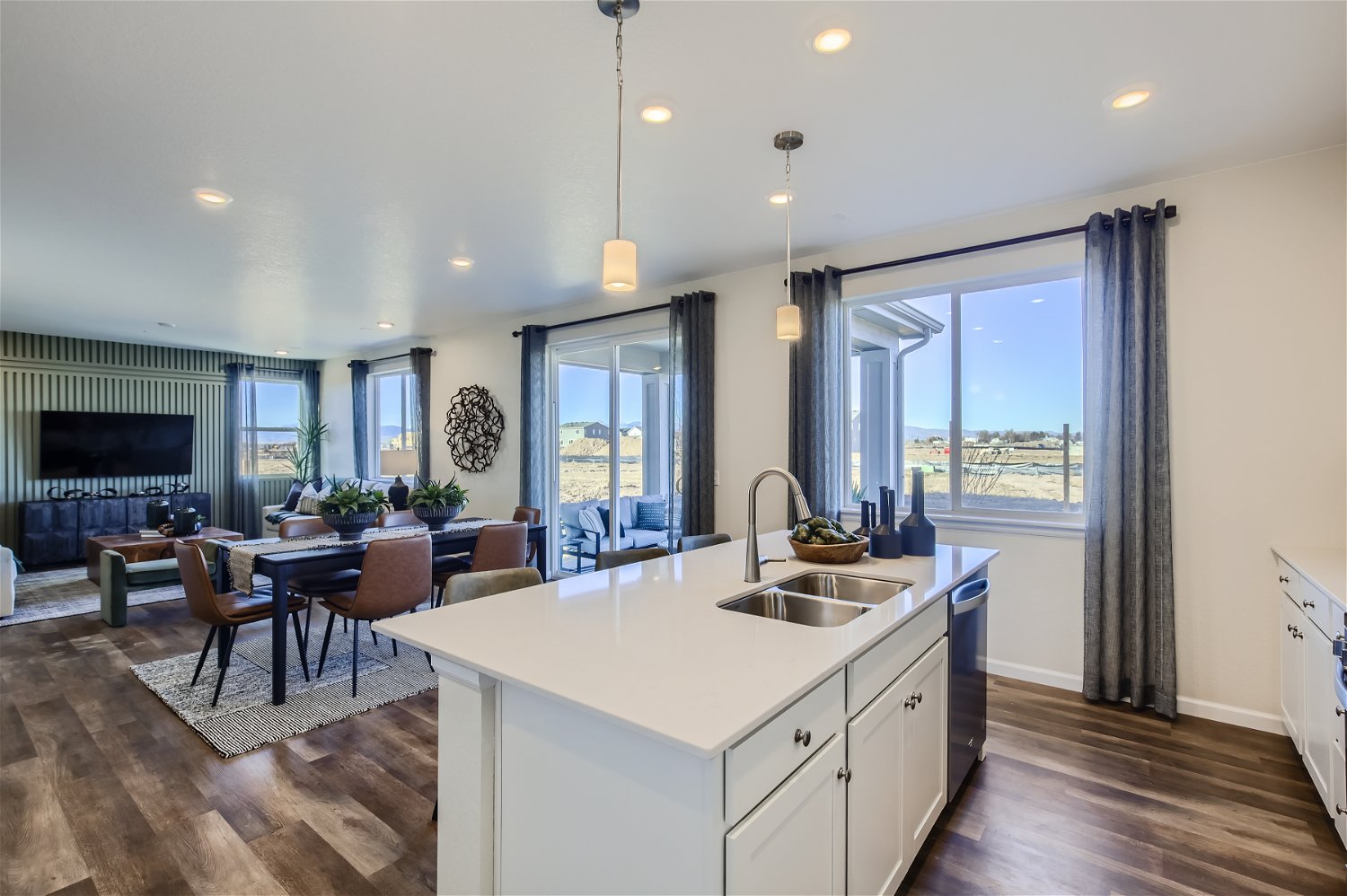 A kitchen with a large island.