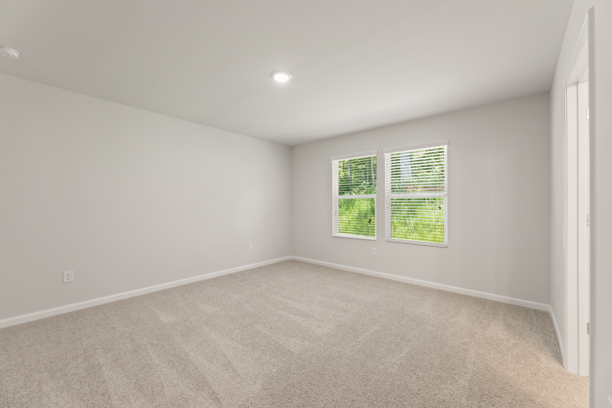 A room with a carpet and windows.