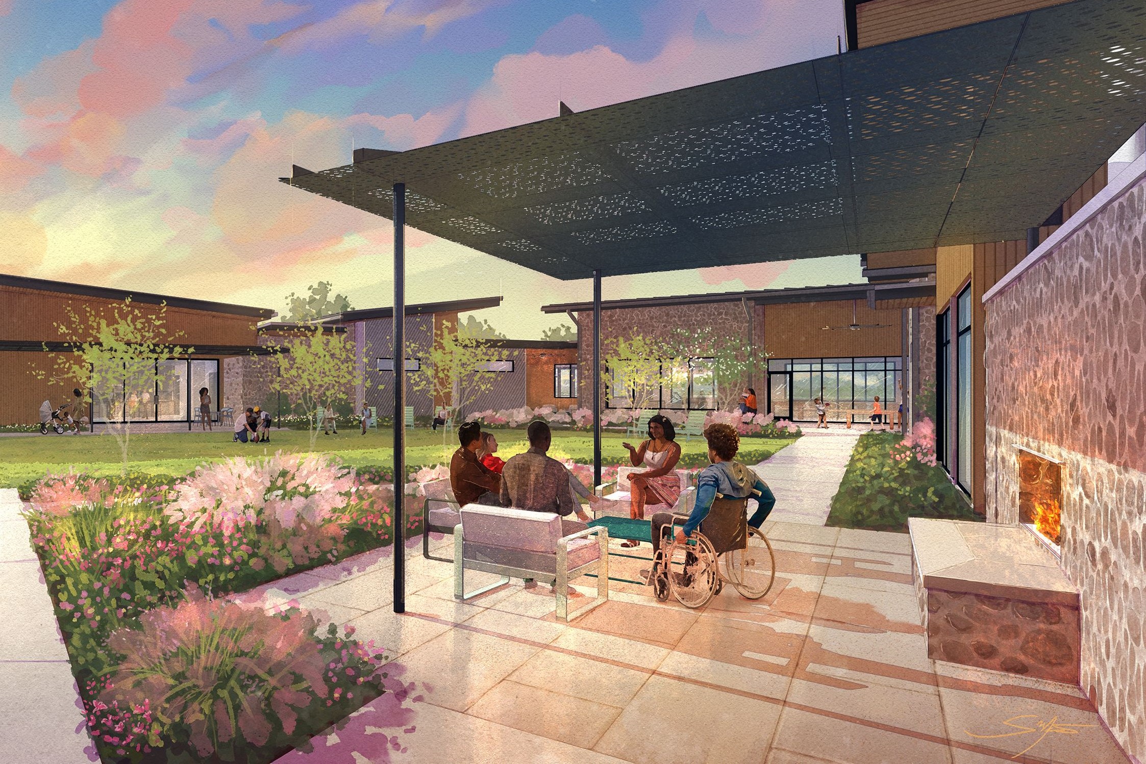 A group of people sitting outside a building.