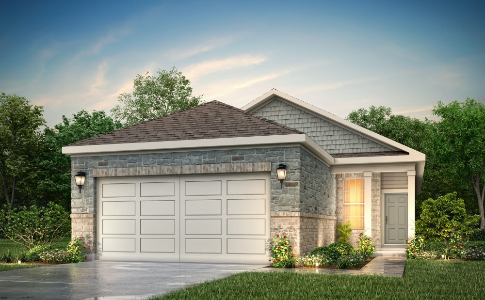 A house with garages and trees.