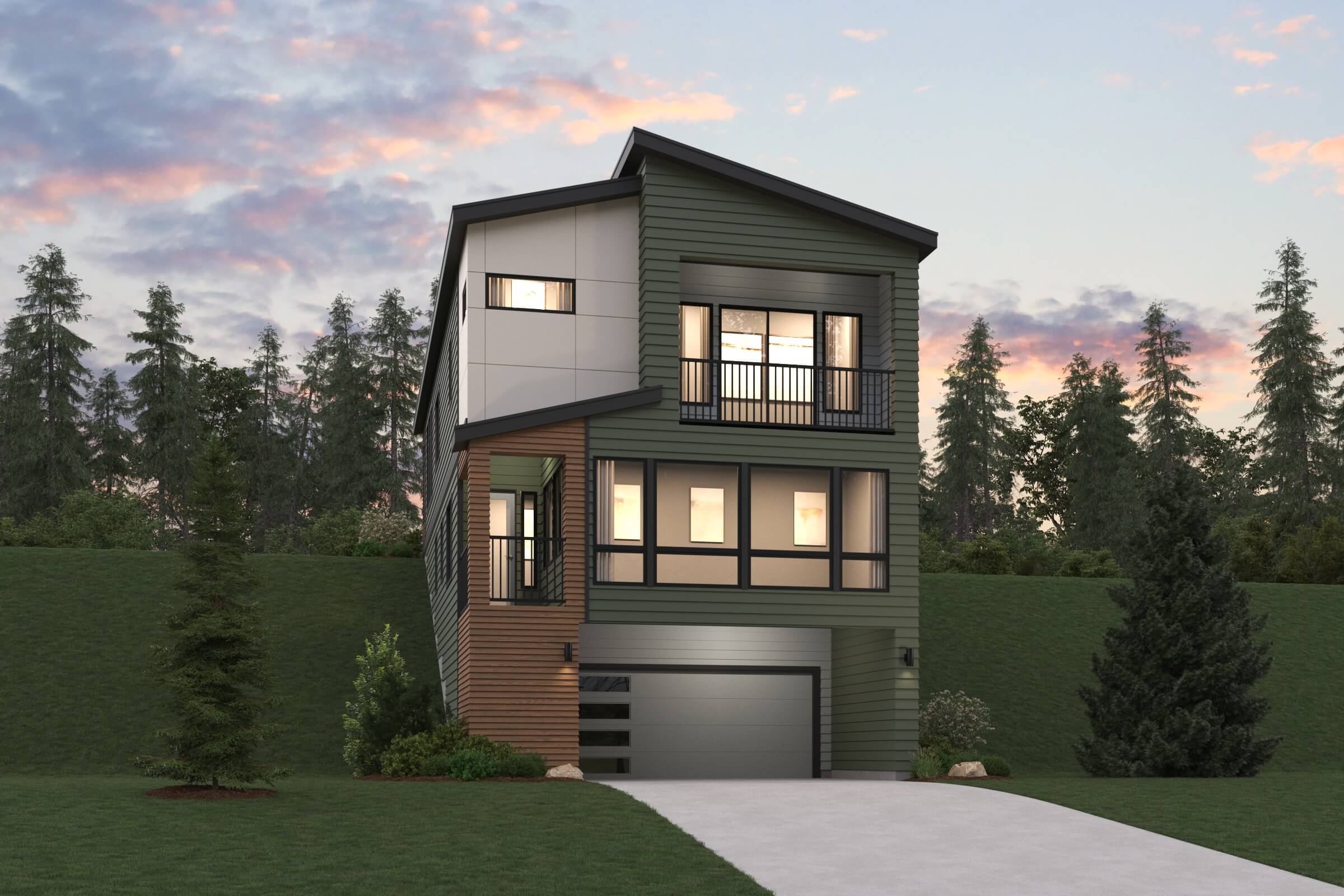 A house with a garage and trees around it.