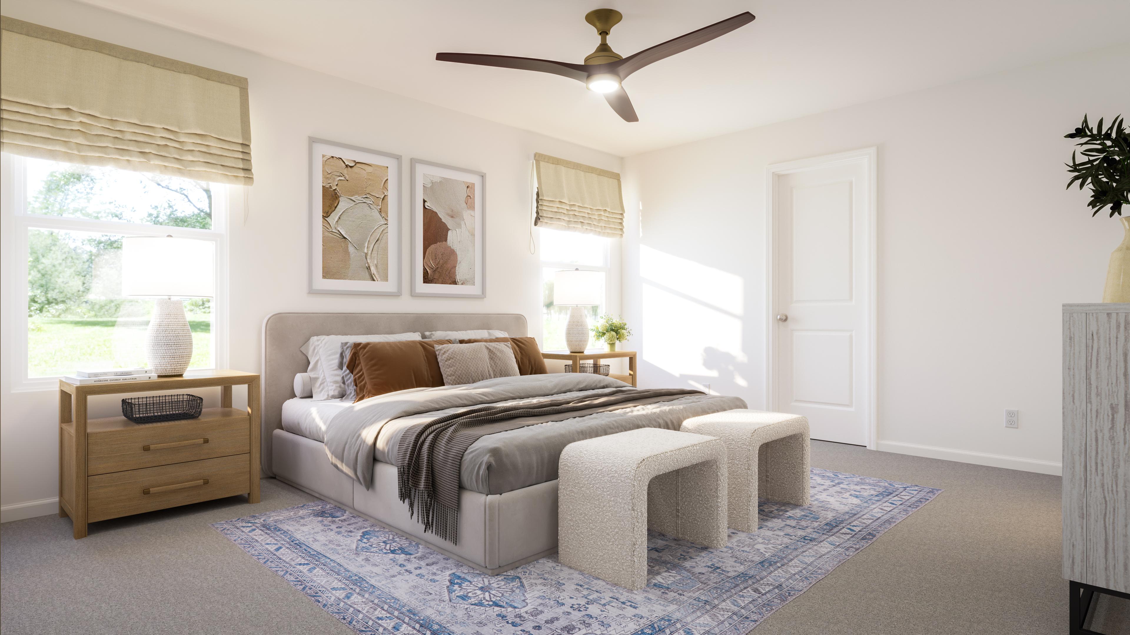 A bedroom with a bed and a rug.