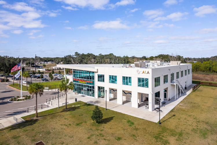 A building with a flag on the roof.